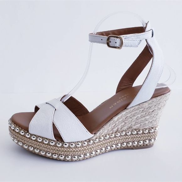 Kurt Geiger Shoes - Kurt Geiger Amelia White Leather Espadrille Studded Wedge Sandals 10.5